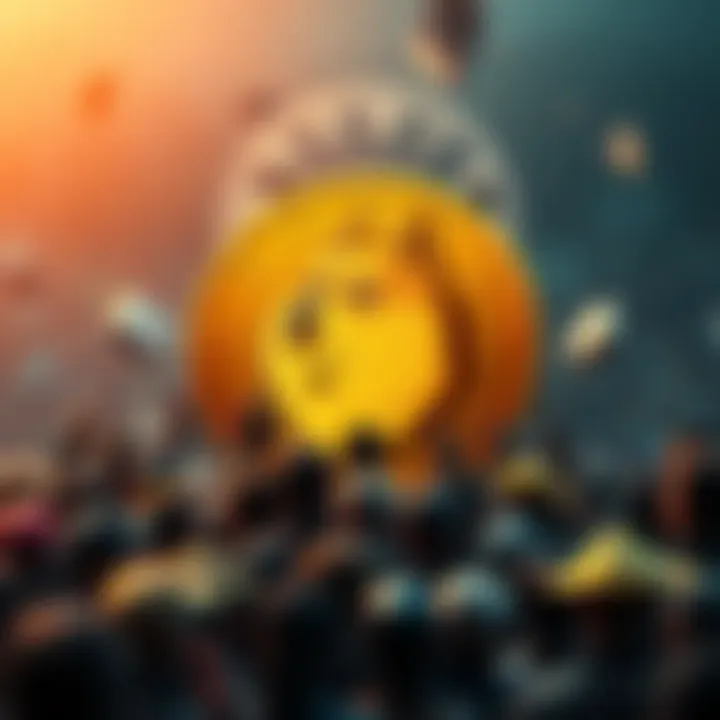 A depiction of the Dogecoin logo surrounded by worried fans discussing the future of the currency.