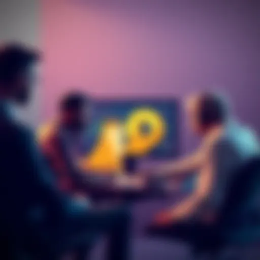 A group of people talking about Dogecoin investment strategies with a computer and charts in the background