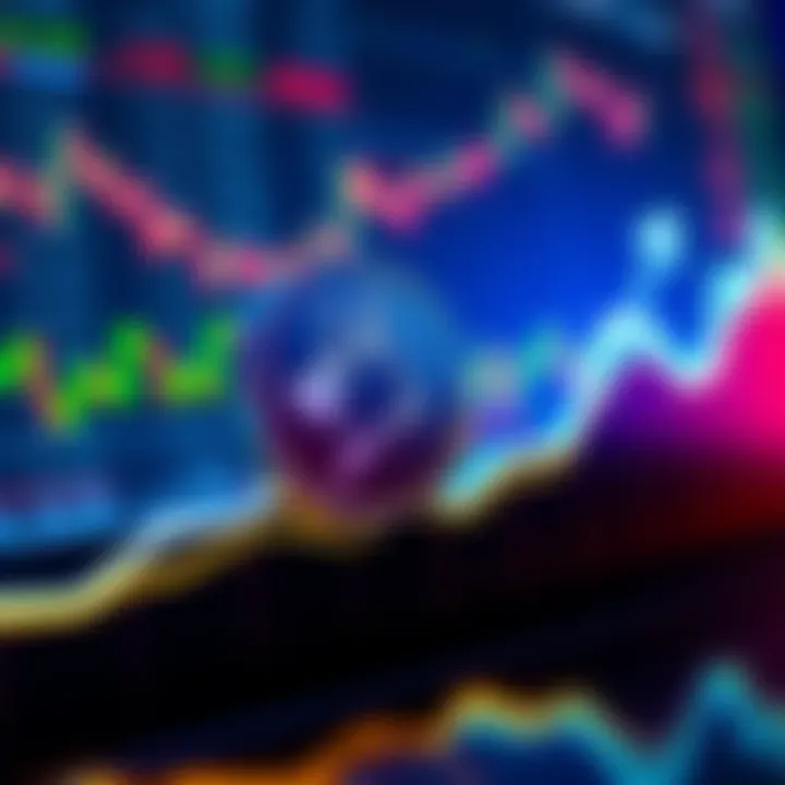 A visual representation of Dogecoin symbol with a rising graph indicating potential growth, over a background of financial charts