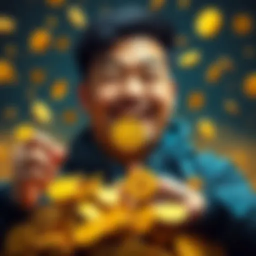 A smiling individual holding a Dogecoin token and surrounded by gold coins, symbolizing wealth from meme coin investments.