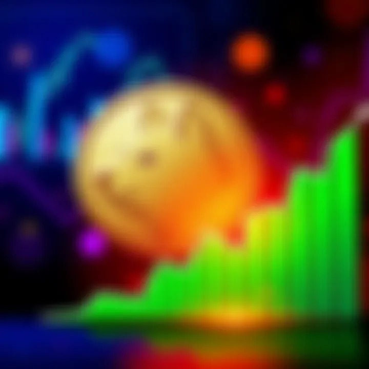 A Dogecoin logo with a graph showing a downward trend, representing market challenges