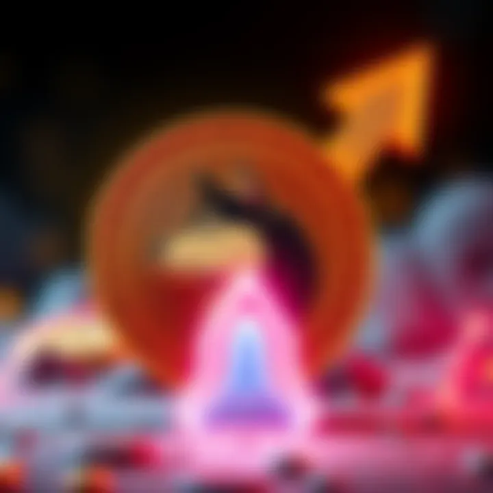 Doge coin symbol with an upward arrow indicating growth and potential market increase