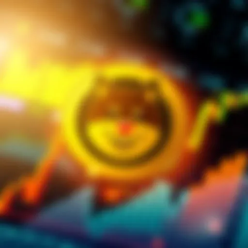 Dogecoin logo surrounded by charts and graphs representing financial growth and institutional interest
