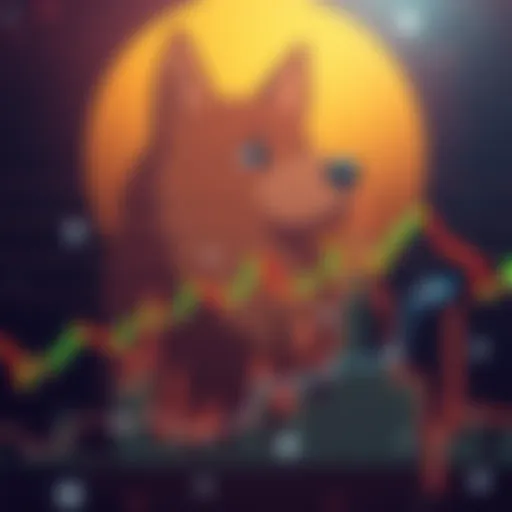 A visual representation showing Dogecoin trading within a narrow range, highlighting potential breakout points on a chart, with a dog symbol in the background.