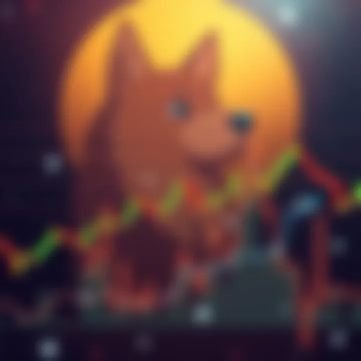 A visual representation showing Dogecoin trading within a narrow range, highlighting potential breakout points on a chart, with a dog symbol in the background.