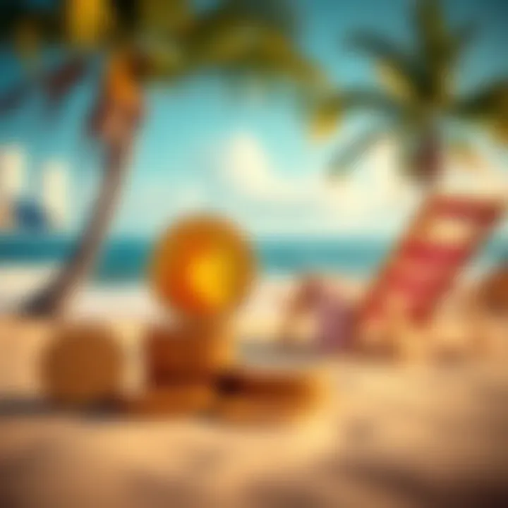 A stack of coins with Dogecoin logo beside a cozy retirement setting that includes a beach chair and palm trees.