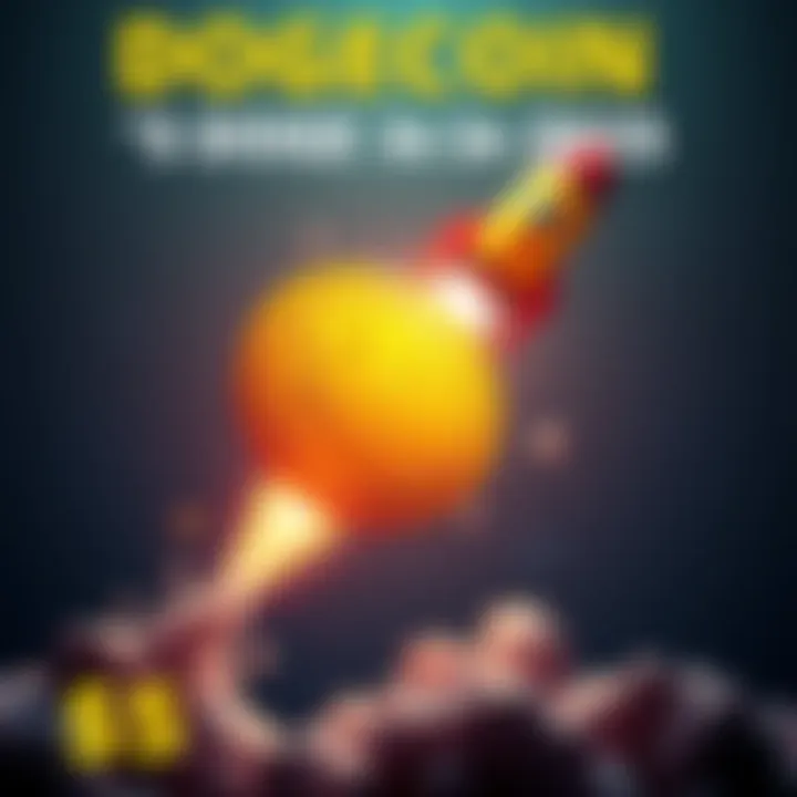 A Dogecoin symbol depicted with a rocket launching into space, symbolizing growth and potential