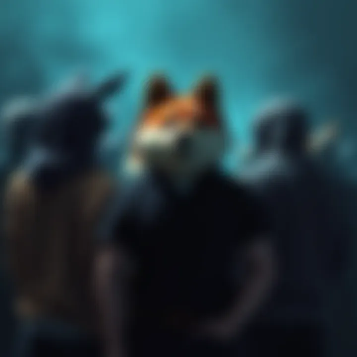A group of Dogecoin supporters standing together while facing a barrage of negative comments online, symbolizing the struggle against hate in the crypto community.