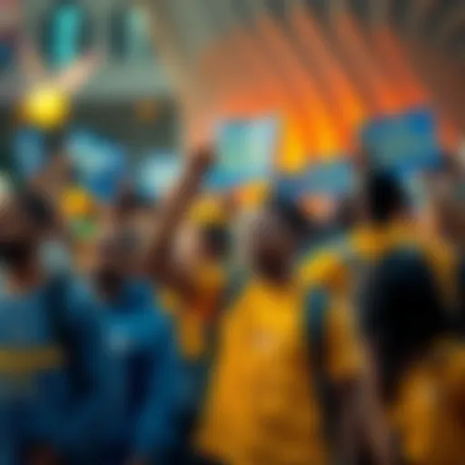 A diverse group of people wearing Dogecoin-themed shirts, holding signs in support of Dogecoin, at a public event.