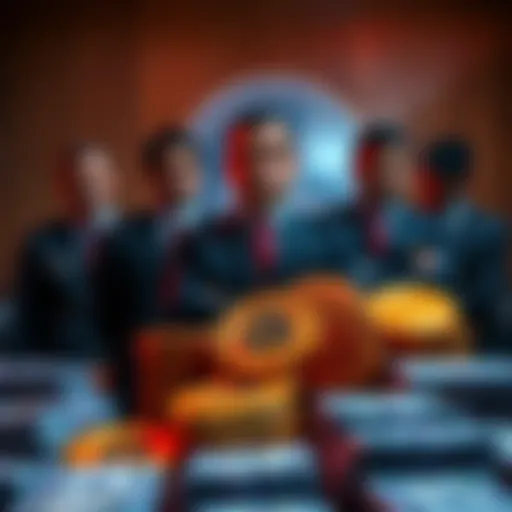 Department of Justice officials overseeing the seizure of Bitcoin linked to a scam in Cambodia, with digital currency symbols and stacks of cash visible