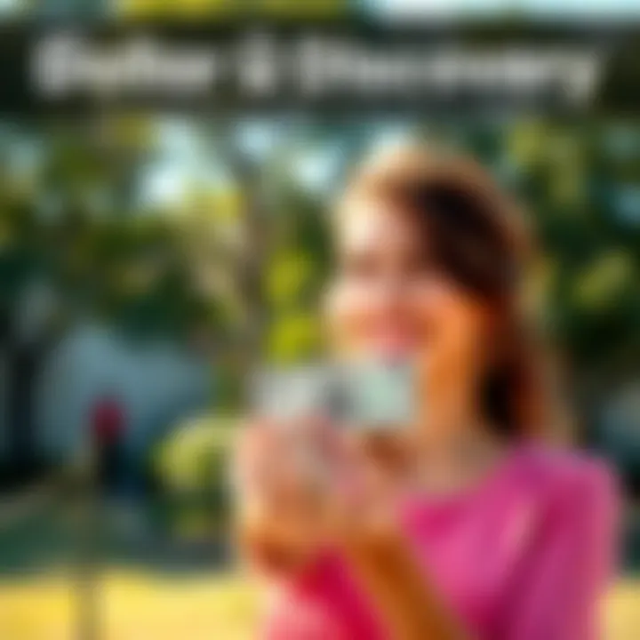 A woman holding a dollar bill with a smile, showcasing her find in a bright outdoor setting.