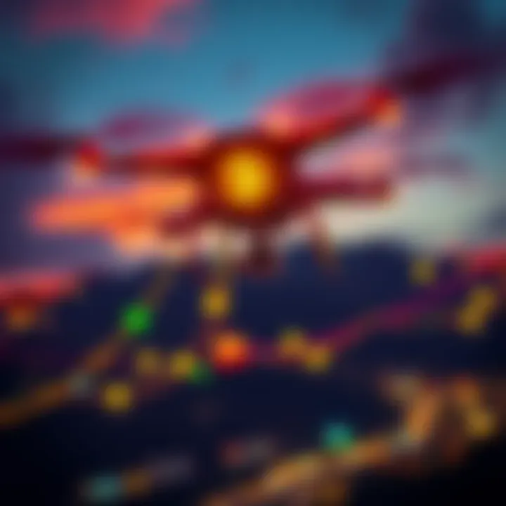 Drone Show Celebrating Bitcoin Colorful drones flying in the night sky, representing Bitcoin consuming fiat currencies like Pac-Man.