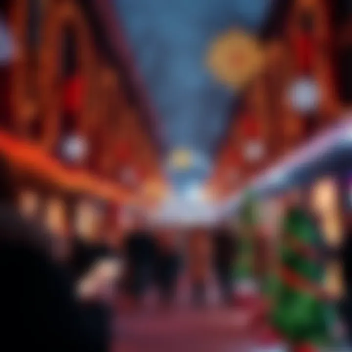 A festive scene with decorated trees, lights, and joyful people celebrating Christmas early.
