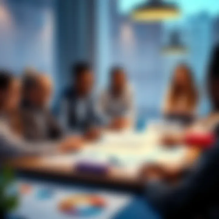 A group of diverse people discussing trends over a table filled with charts and graphs, showcasing forward-thinking ideas.