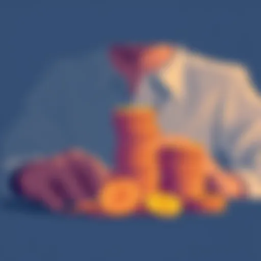 Illustration showing a person stacking coins with Bitcoin and USD symbols around them, representing earning through Stacks strategies.