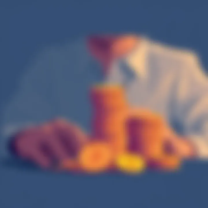 Illustration showing a person stacking coins with Bitcoin and USD symbols around them, representing earning through Stacks strategies.