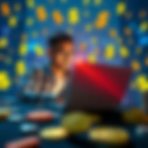 A person reviewing passive income strategies on a laptop while surrounded by cryptocurrency symbols and dollar signs.