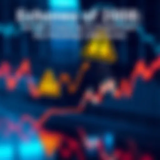 A graph showing rising economic indicators with an overlay of caution symbols
