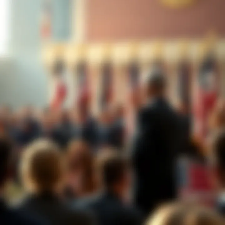 Election winner swearing in ceremony A government official taking an oath during an election swearing in ceremony with a crowd in attendance and a backdrop of flags.