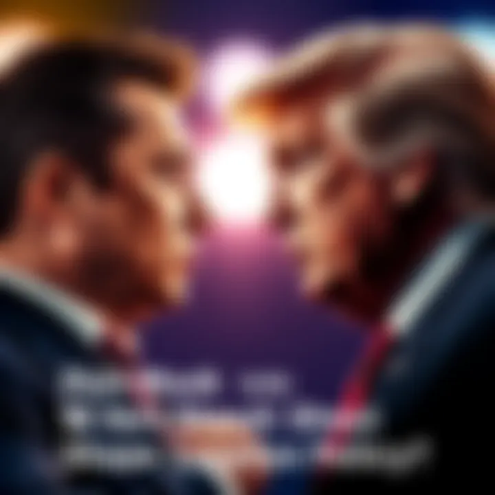 Elon Musk and Donald Trump stand facing each other, discussing cryptocurrency policy with serious expressions