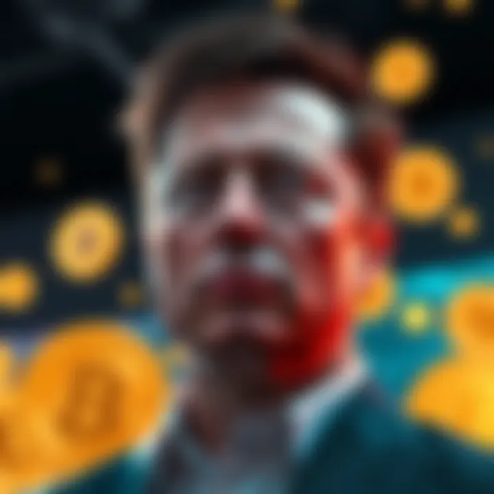 Elon Musk looking thoughtful with Bitcoin symbols in the background, representing a potential shift in Tesla's financial strategy