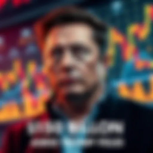 Elon Musk with a worried expression, showing concern over financial losses amid a feud with Donald Trump, standing in front of stock market graphs