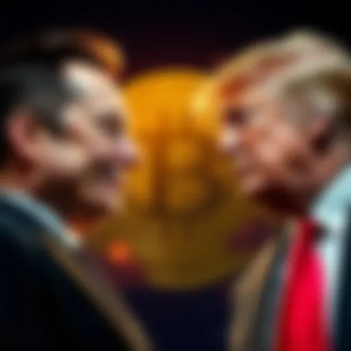 Elon Musk and Donald Trump standing against each other, with Bitcoin symbol in the background, representing their influence on cryptocurrency market