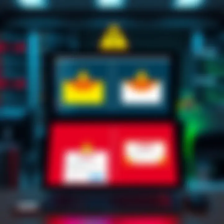 A computer screen showing fake distribution emails alongside real ones for comparison