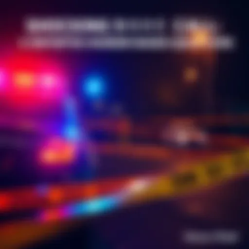 A police car with flashing lights parked at a crime scene, surrounded by caution tape