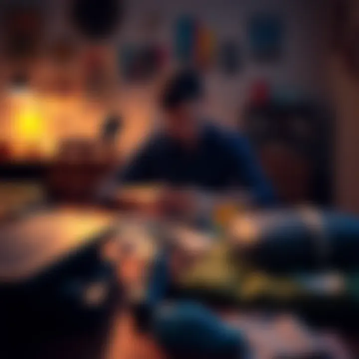 A person sitting at a table, sorting through belongings with a mix of nostalgia and sadness, preparing items for sale.