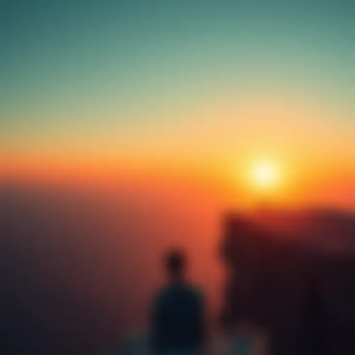 End of a Journey A person standing at the edge of a cliff looking out at a setting sun, symbolizing finality and reflection on life decisions.