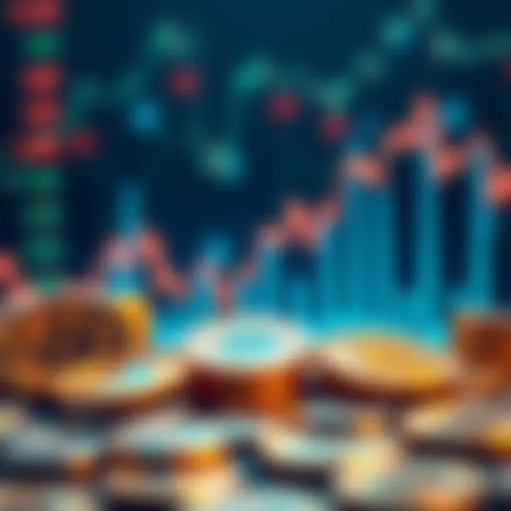 Representation of ETFs investing in Bitcoin with coins and a graph indicating market growth