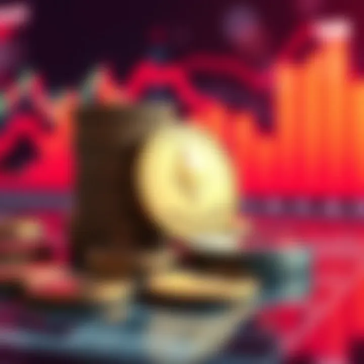 A stack of Ethereum coins representing liquid staking tokens with a background of financial charts and upward trends, symbolizing investment growth and passive income.