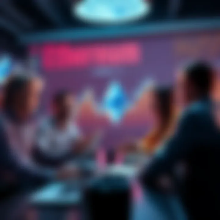 Ethereum Decentralization Discussion Group of people discussing Ethereum decentralization with charts and laptops