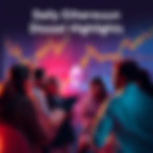 A group of people engaging in a discussion about Ethereum, with charts and graphs in the background showing cryptocurrency trends.