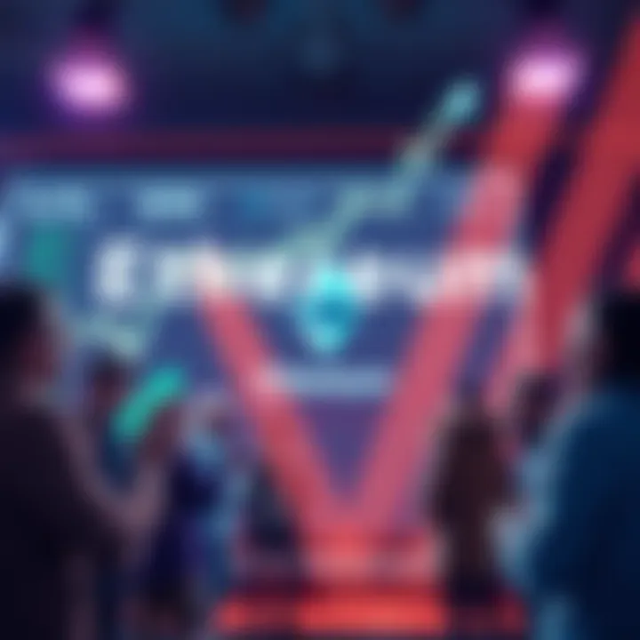 A graphic showing the rising Ethereum price with excited people discussing their strategies in the background
