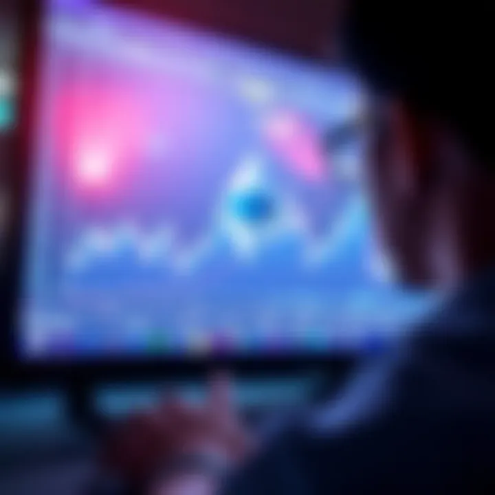 A person looking at a computer screen displaying Ethereum's price chart with a graph showing recent peaks.