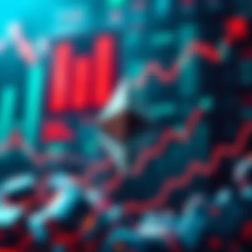 Graphic showing Ethereum logo with financial symbols and upward trend graphs