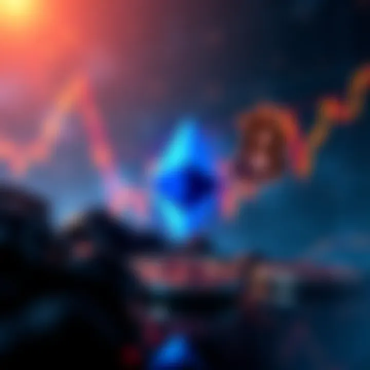Ethereum in Crypto Landscape A depiction of Ethereum symbol against a backdrop of a collapsing Bitcoin graph, highlighting resilience in the crypto market.