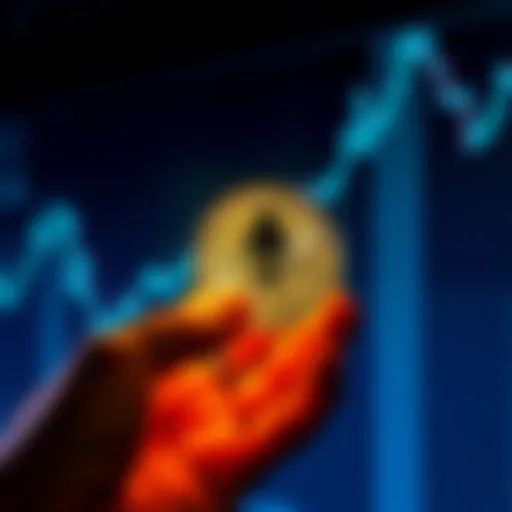A person holding a glowing Ethereum coin with a graph showing upward trends in the background.