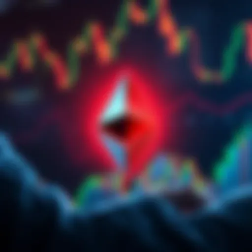 A digital representation of Ethereum's logo with fluctuating market charts in the background, signifying changes in trading value and technology adoption.