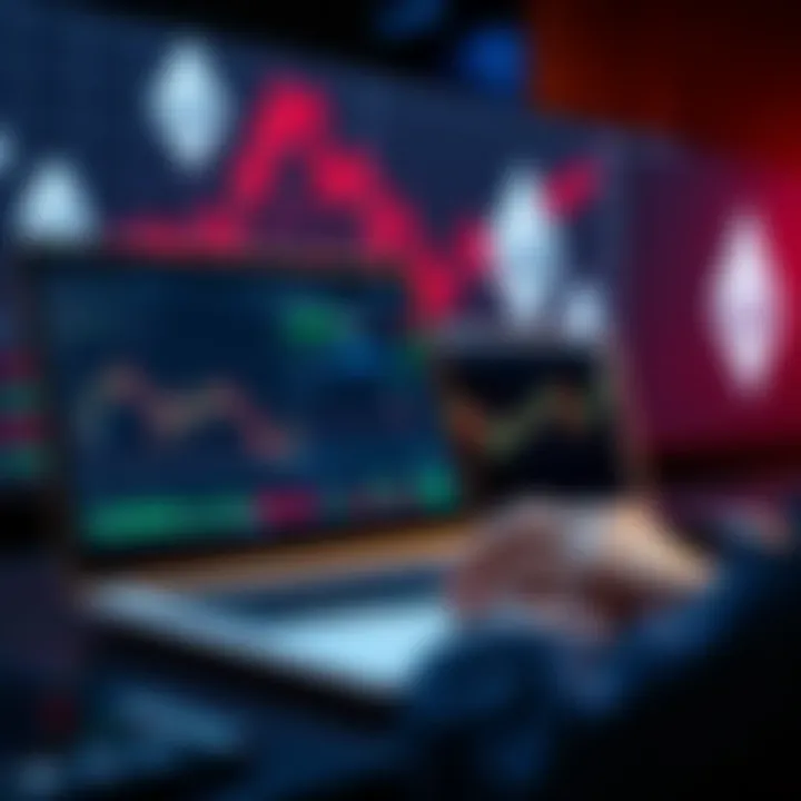 A person analyzing Ethereum charts on a laptop with financial graphs and Ethereum logos in the background