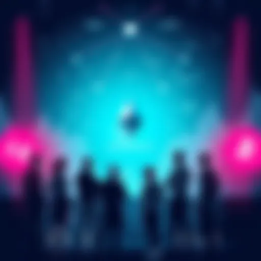 Illustration showing a group of people discussing Ethereum with a backdrop of digital currency symbols and charts.