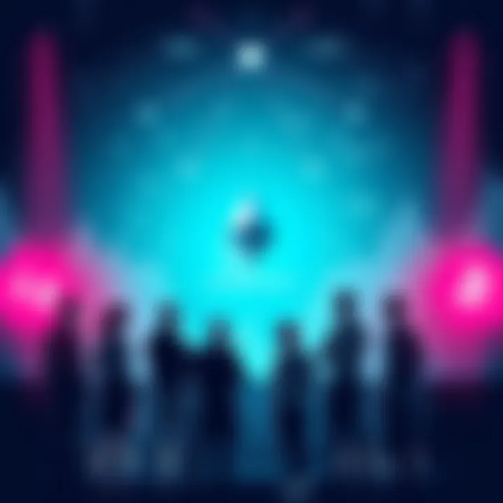 Ethereum Network Under Scrutiny Illustration showing a group of people discussing Ethereum with a backdrop of digital currency symbols and charts.