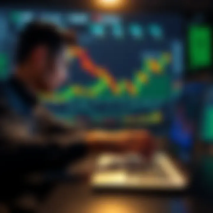 A trader analyzing charts and graphs of Ethereum and altcoin prices on a laptop, contemplating profit-taking strategies.