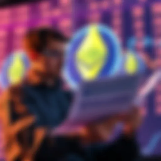 A person reviewing financial documents with Ethereum symbols in the background, illustrating tax implications of staking.