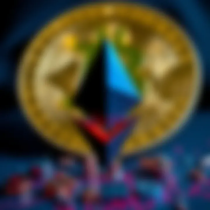 Ethereum symbol prominently displayed with Bitcoin logo in the background, representing the comparison of their performances over the last decade.