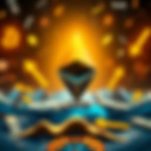A graphic showing a large Ethereum logo with money symbols and arrows indicating price surge.