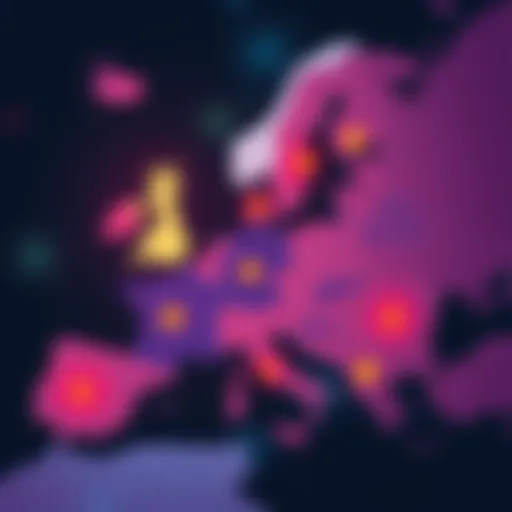 Map of Europe highlighting countries adopting Central Bank Digital Currencies with symbols of digital currency