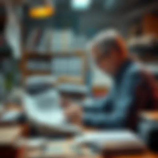 A person analyzing documents and reports for authenticity in a cluttered workspace.